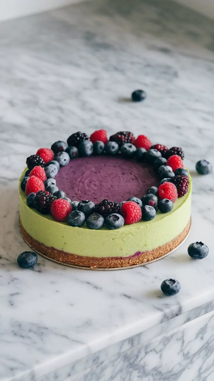 A colorful raw vegan cheesecake topped with fresh berries on a marble surface.