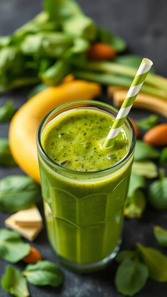A refreshing green smoothie in a glass with a striped straw, surrounded by fresh fruits and vegetables.