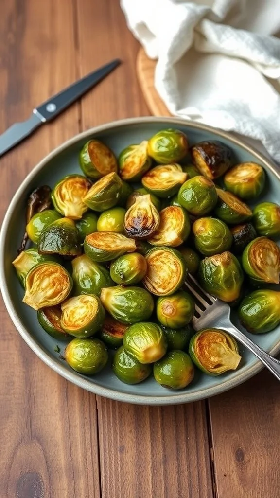 A plate of roasted garlic Brussels sprouts, golden and crispy, on a wooden table