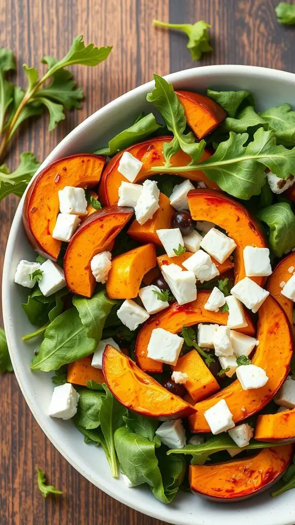 A close-up of a roasted pumpkin salad with feta, featuring orange pumpkin slices, arugula, and crumbled feta cheese in a white bowl.