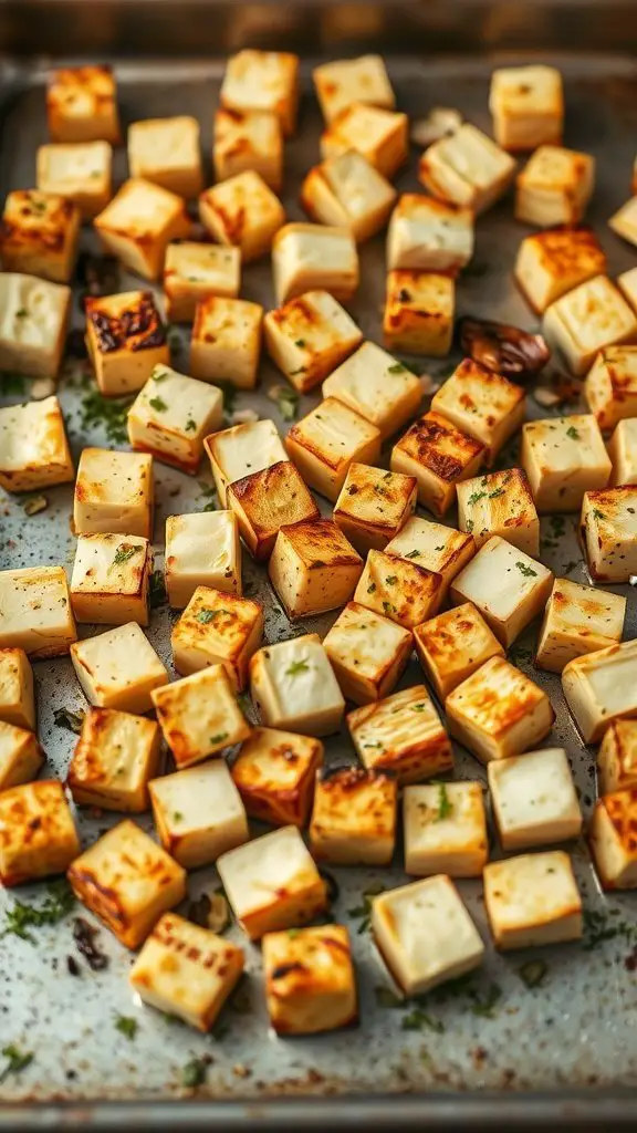 Crispy roasted tofu cubes garnished with herbs on a baking sheet.