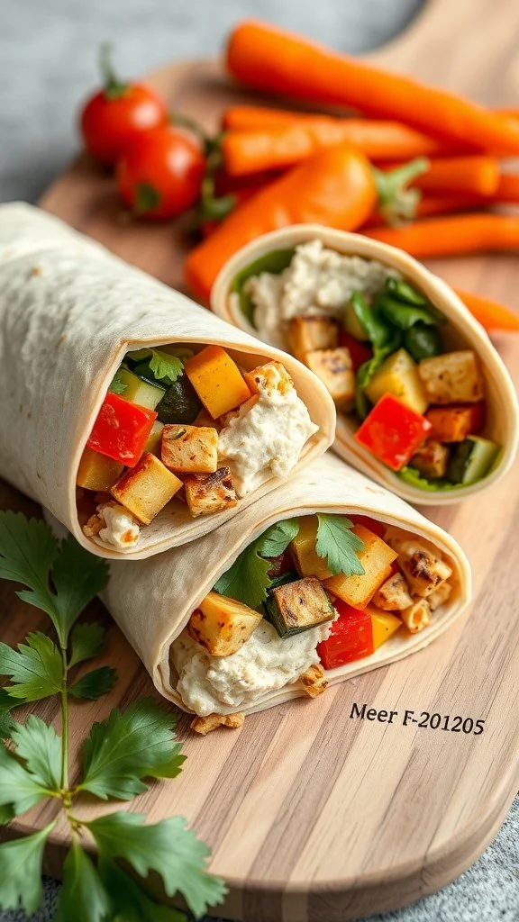 A close-up of a roasted vegetable and hummus wrap on a wooden board, surrounded by fresh carrots and tomatoes.