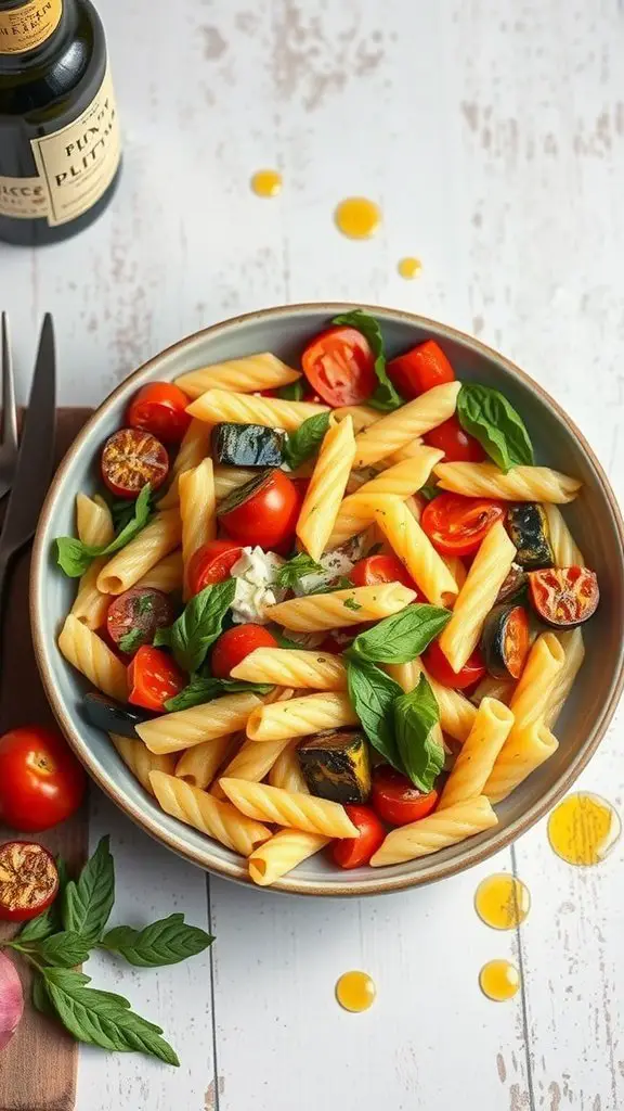 A bowl of roasted vegetable pasta salad with cherry tomatoes, basil, and grilled zucchini on a wooden table.