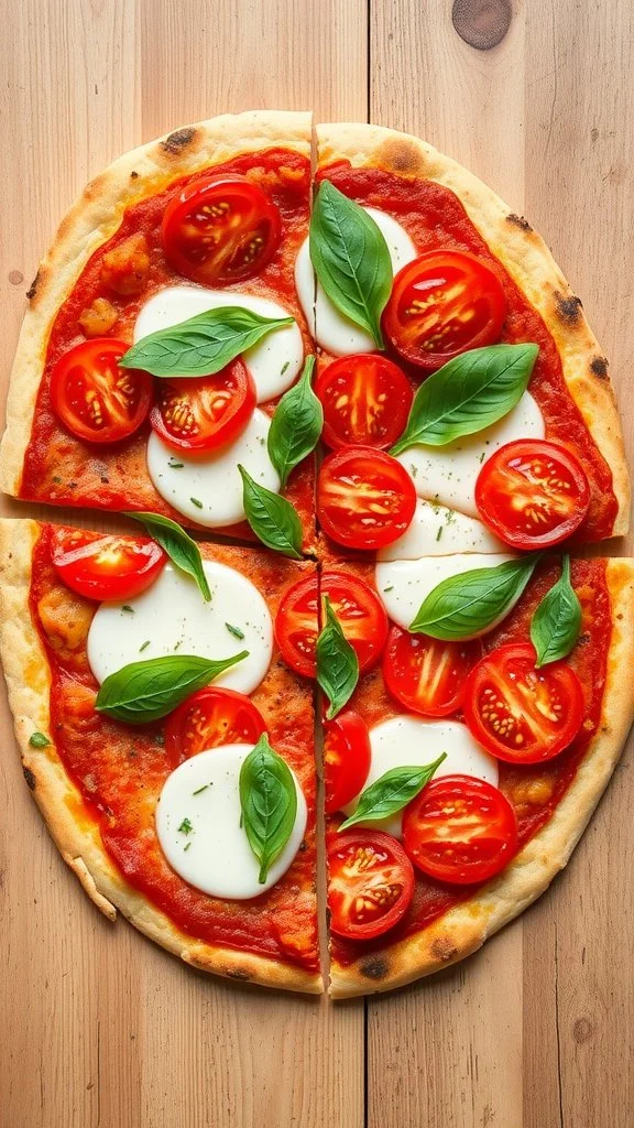 Rustic Mediterranean Flatbread Pizza with mozzarella cheese, tomatoes, and basil on a wooden table