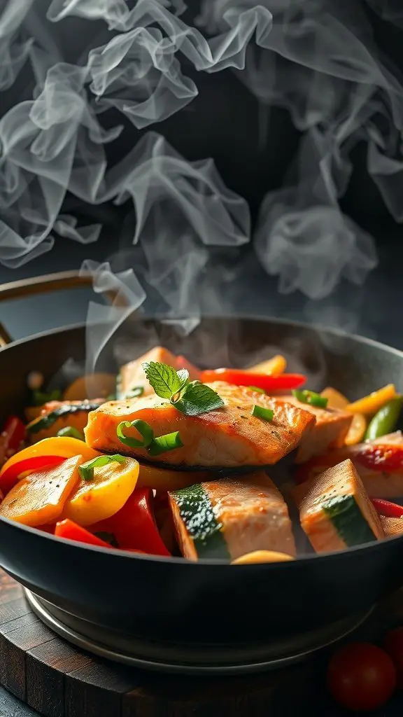 A colorful salmon and vegetable stir-fry with steam rising from the pan, showcasing salmon fillets and vibrant veggies.