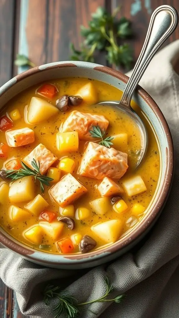 A bowl of salmon chowder with corn and potatoes, garnished with fresh herbs.