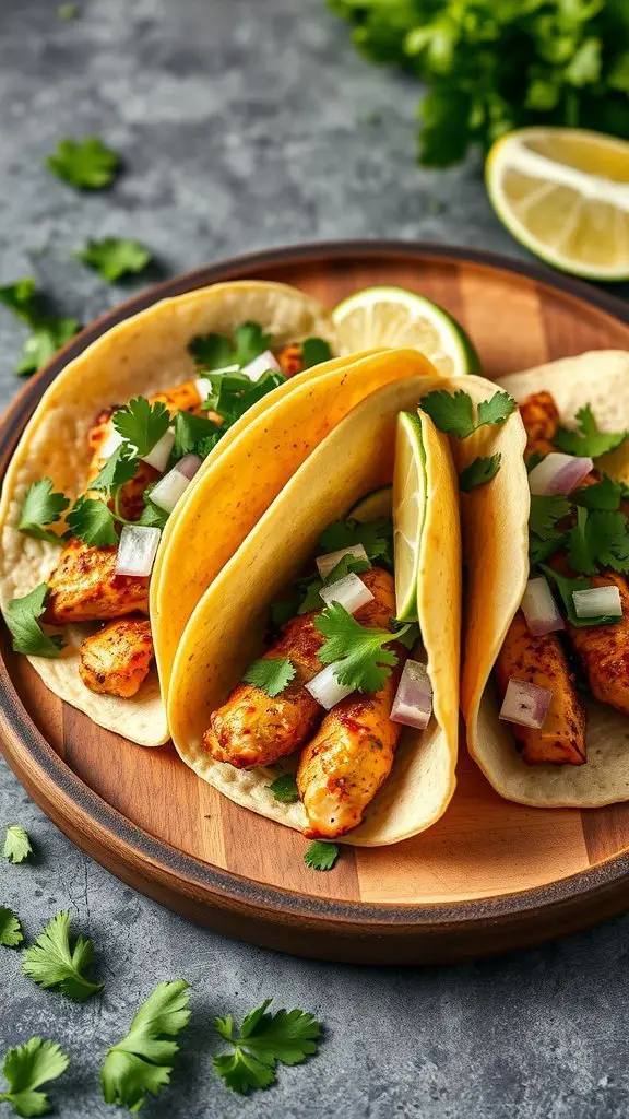 Three salsa verde chicken tacos with cilantro and onions on a wooden plate.