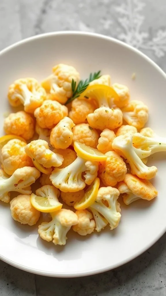 A plate of sautéed cauliflower with garlic and lemon garnished with lemon slices on a light background.