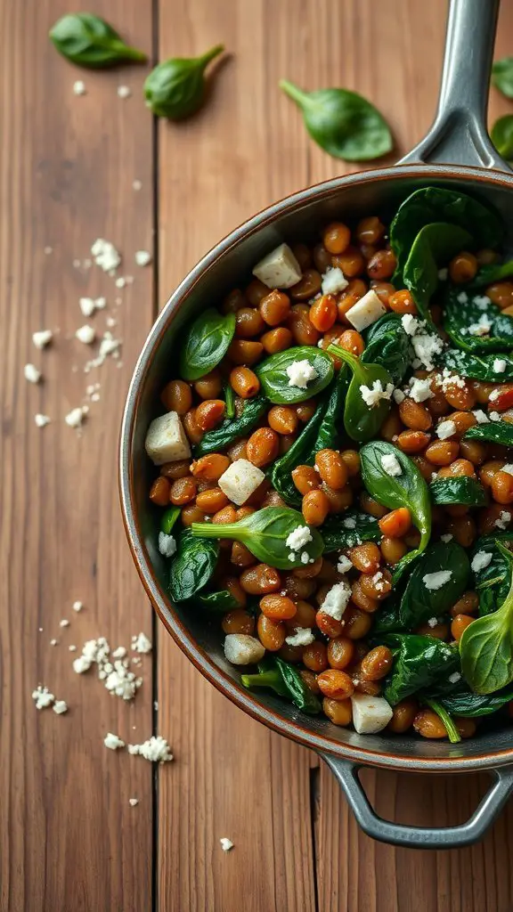 A pan of sautéed lentils with spinach and feta cheese on a wooden table