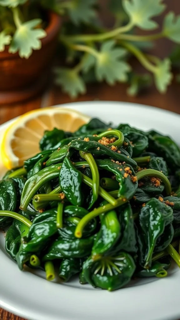 A plate of sautéed spinach garnished with lemon slices.