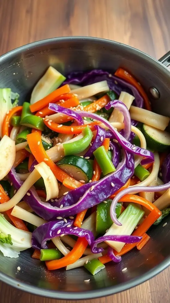 Colorful stir-fried vegetables including cabbage, bell peppers, and zucchini in a pan