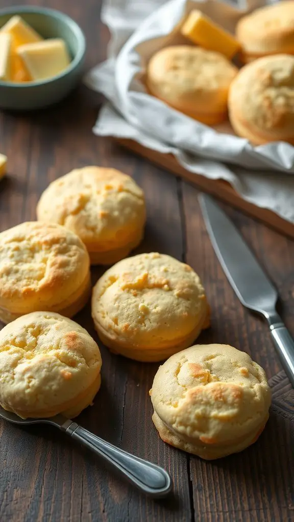 A spread of savory cheddar biscuits on a wooden table with butter.