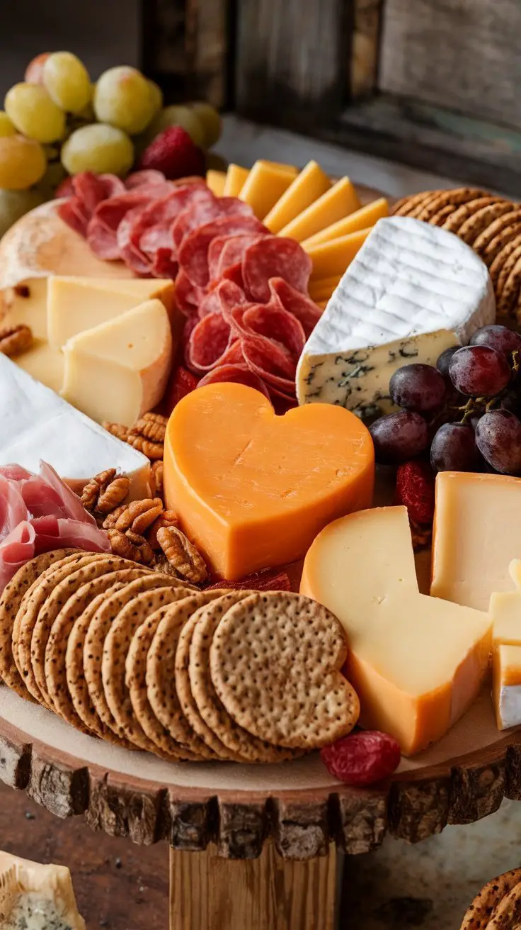 A charcuterie board featuring various cheeses, meats, nuts, and whole grain crackers.