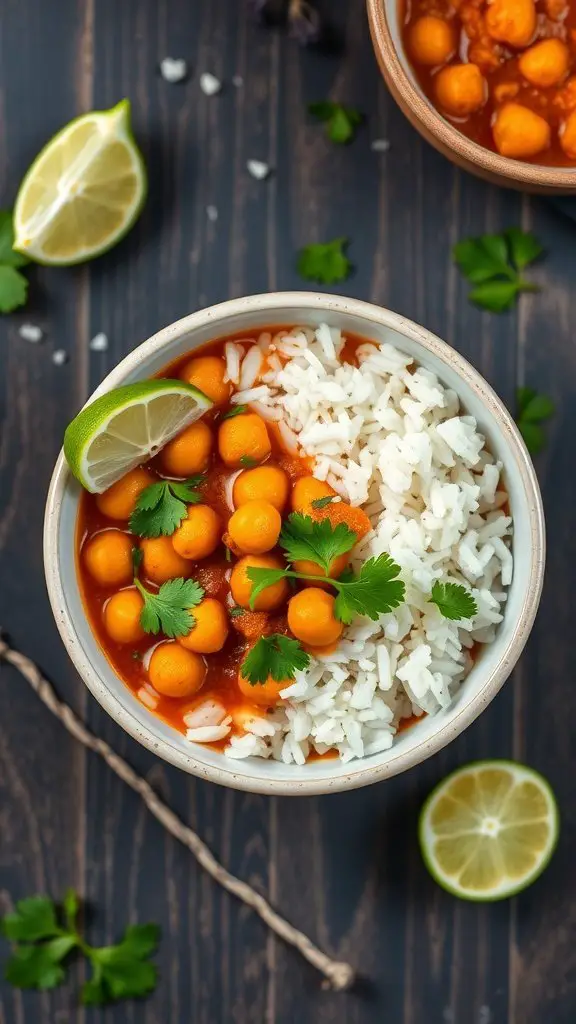 A bowl of chickpea curry served with white rice, garnished with cilantro and lime slices.