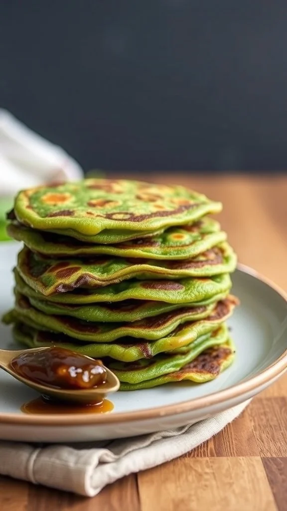 A stack of green bean pancakes on a plate with a spoon of sauce