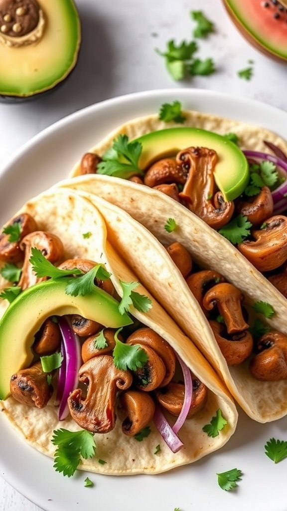 A plate of savory mushroom tacos with avocado, cilantro, and red onions