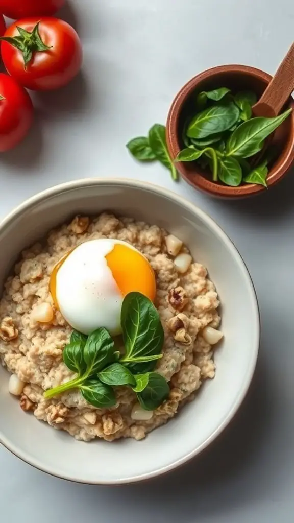 A bowl of savory oatmeal topped with a poached egg, garnished with greens, surrounded by tomatoes and a bowl of spinach.