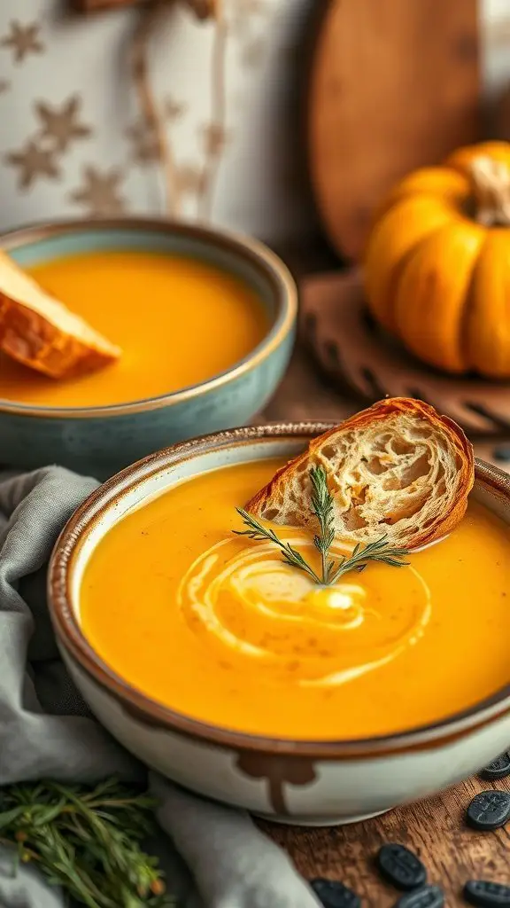 A bowl of pumpkin soup garnished with cream and thyme, with a piece of bread for dipping.