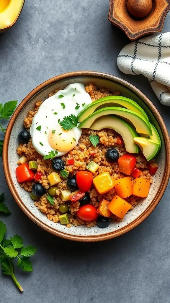 A colorful quinoa breakfast bowl filled with vegetables and avocado.