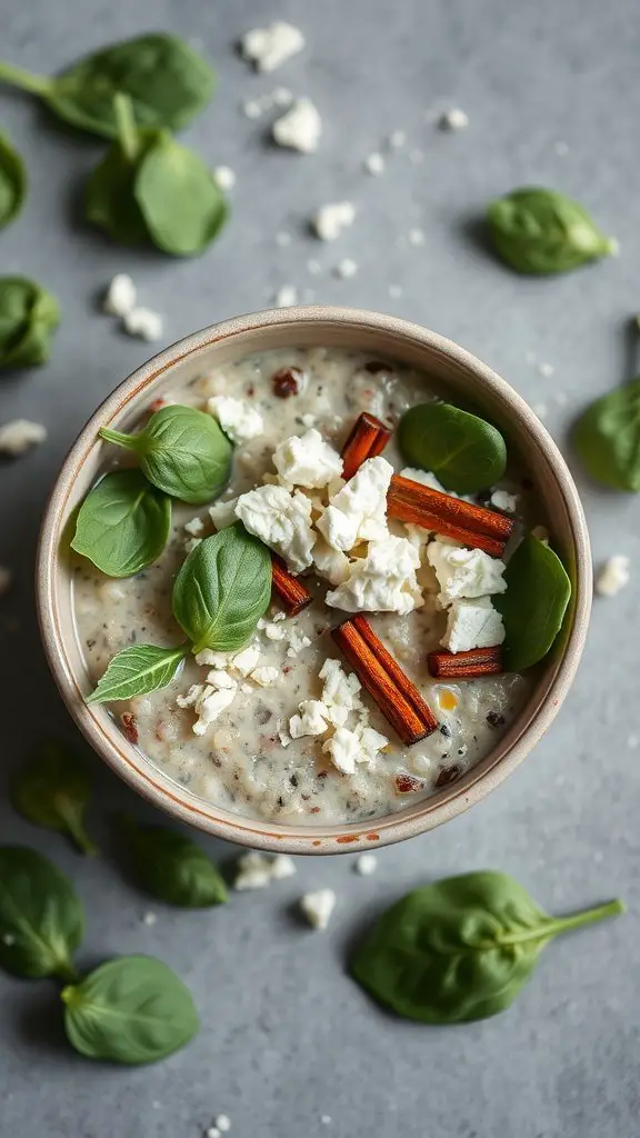 A bowl of savory spinach and feta oats topped with fresh spinach leaves and crumbled feta cheese.