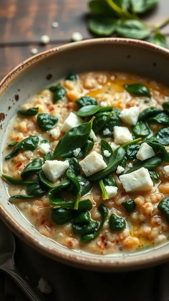 A bowl of savory spinach and feta porridge topped with fresh spinach leaves and crumbled feta cheese.