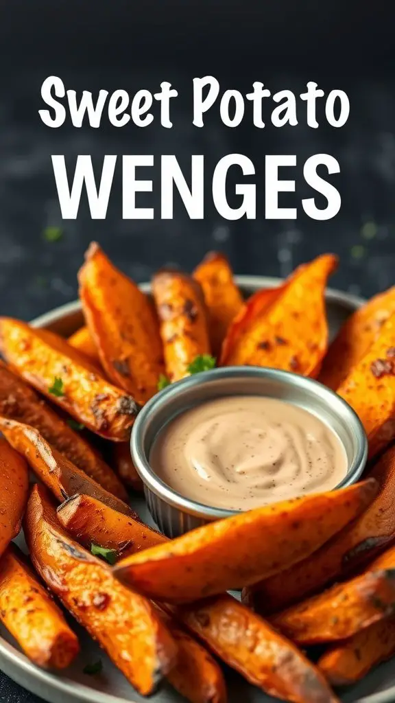 A plate of golden-brown sweet potato wedges with a creamy dipping sauce in the center.