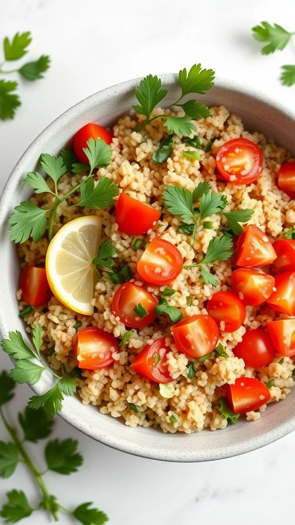 A bowl of Tabouli salad with bulgur, cherry tomatoes, parsley, and lemon slices.