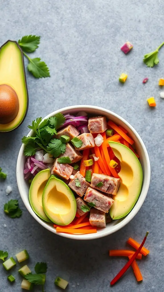A colorful Tuna Poke Bowl featuring diced tuna, avocado, and a variety of fresh vegetables.