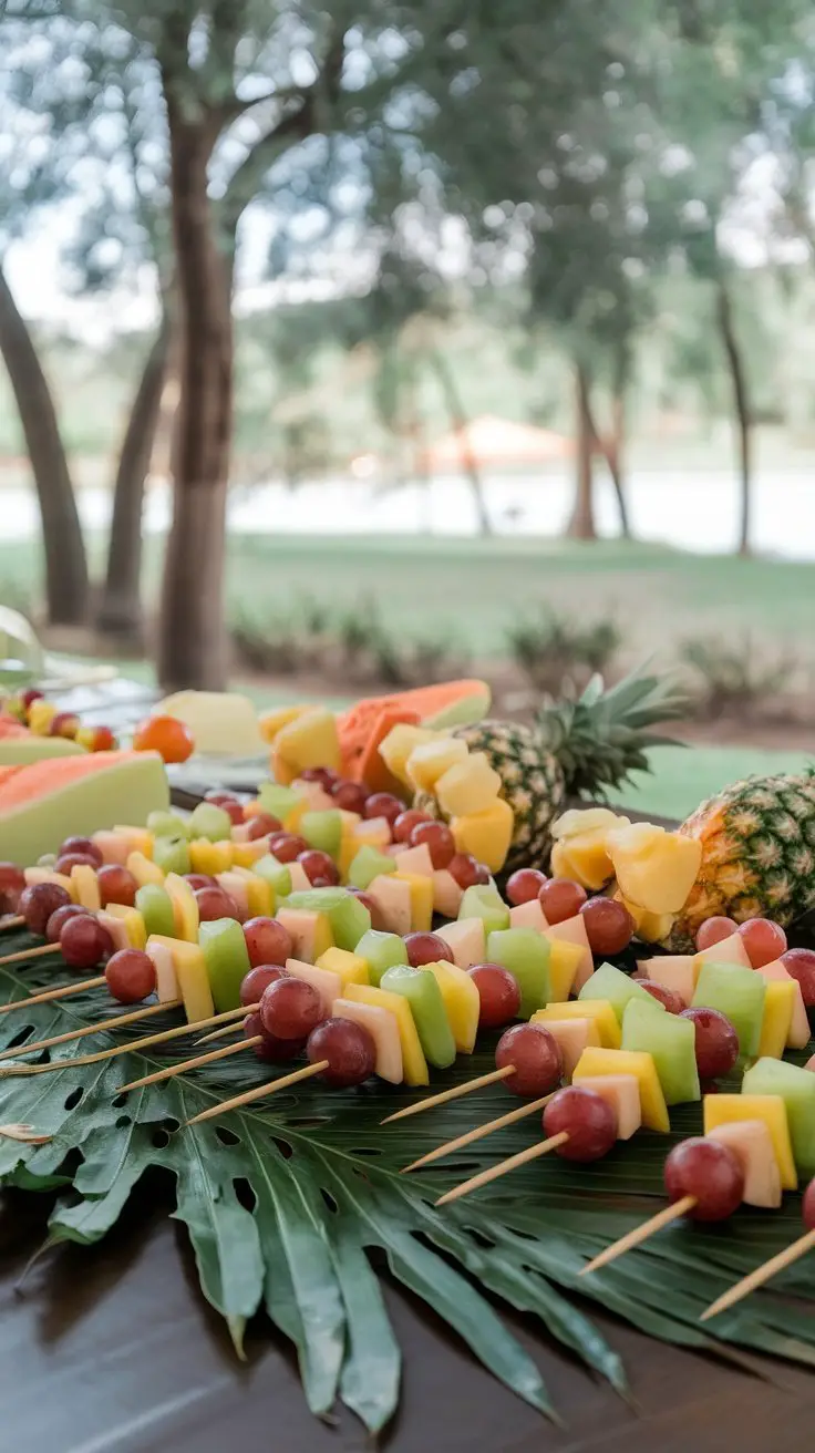 A close-up of colorful fruit skewers placed on large green leaves.