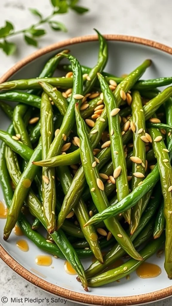 A plate of sesame ginger green beans topped with sesame seeds, showcasing vibrant green colors and a drizzle of sauce.