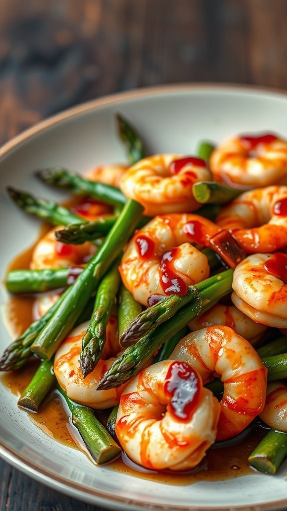 Shrimp and asparagus stir-fry on a plate with a drizzle of sauce