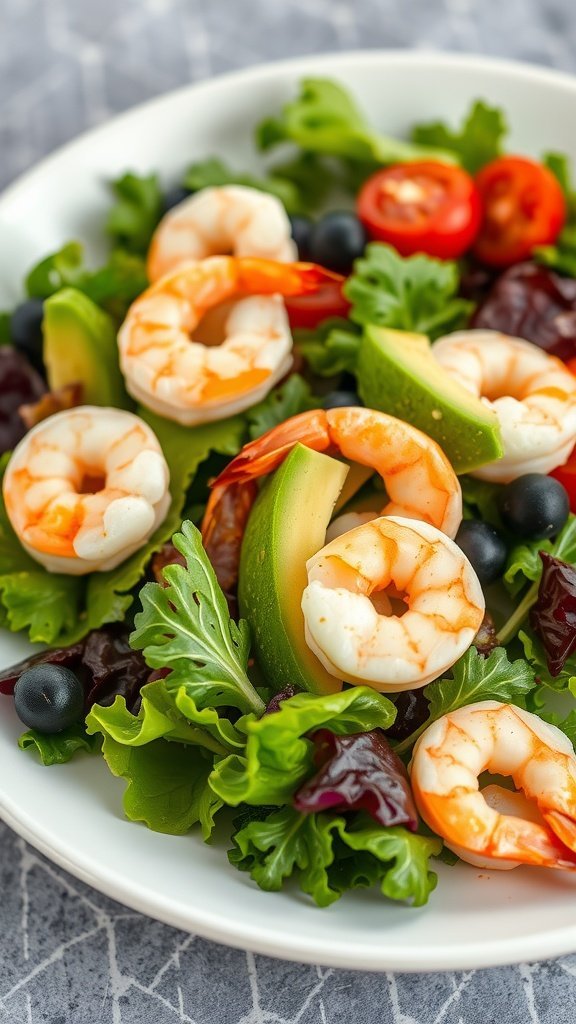 A colorful plate of shrimp and avocado salad with greens, cherry tomatoes, and blueberries.