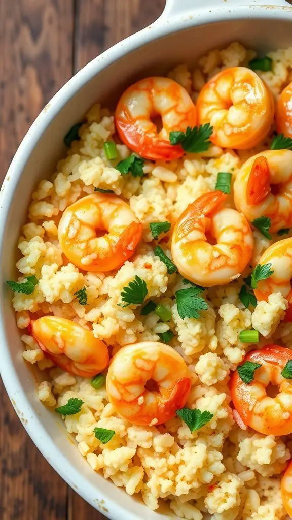 A casserole dish filled with shrimp and cauliflower rice, garnished with fresh herbs.