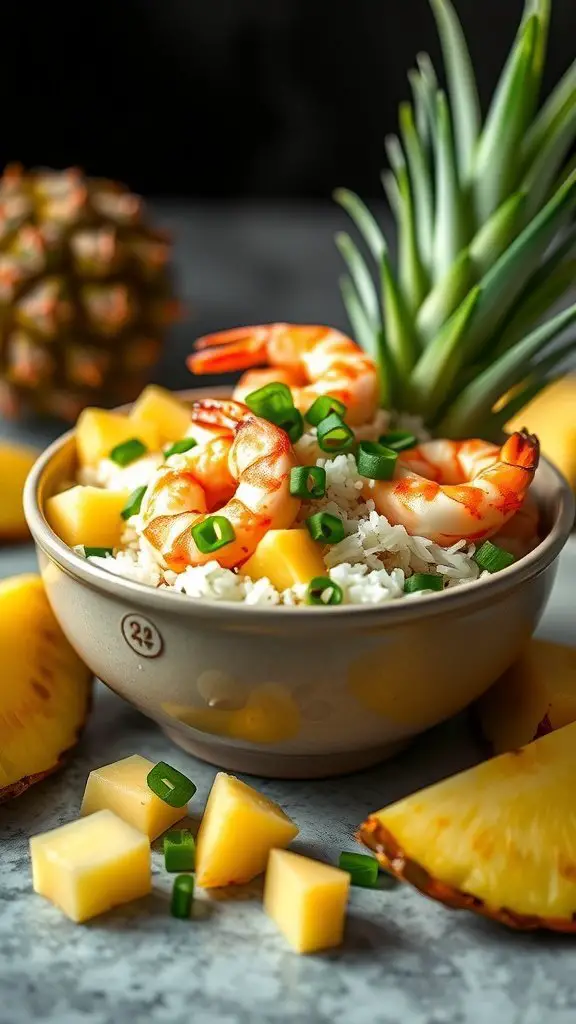 A colorful Shrimp and Pineapple Rice Bowl with shrimp, pineapple chunks, and green onions, surrounded by fresh pineapple slices.