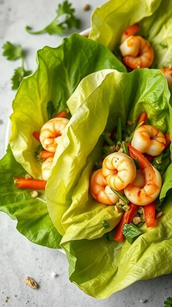 Shrimp lettuce wraps with vibrant vegetables and peanut sauce