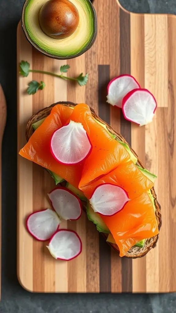 A beautifully arranged smoked salmon and avocado toast on a wooden board, garnished with radish slices and herbs.