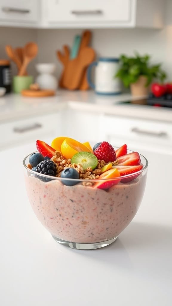 A delicious smoothie bowl topped with granola and fresh fruits.