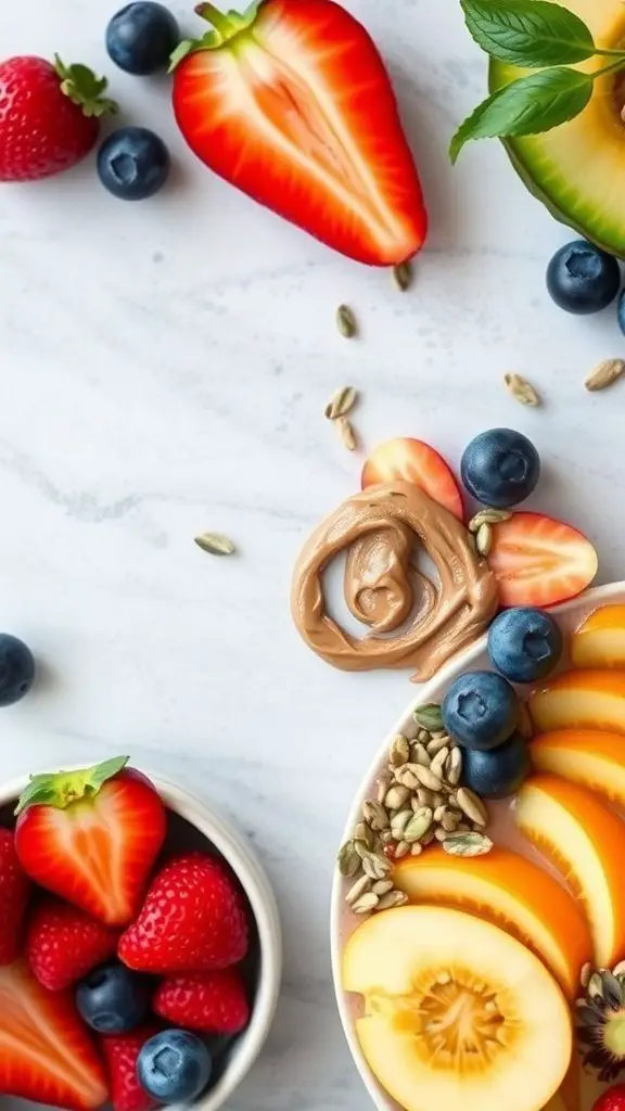 A colorful smoothie bowl topped with nut butter, fresh fruits, and seeds.