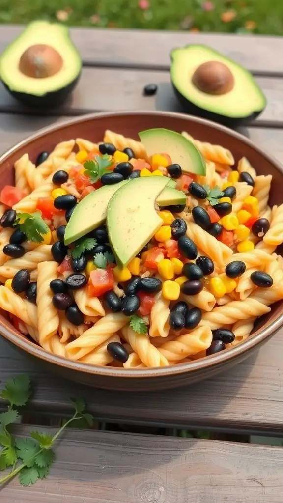 A colorful Southwestern pasta salad with black beans, corn, tomatoes, and avocado.