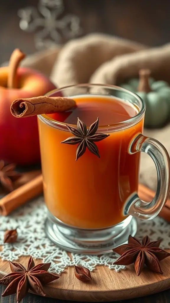 A warm cup of spiced apple cider with cinnamon and star anise, surrounded by apples and spices.