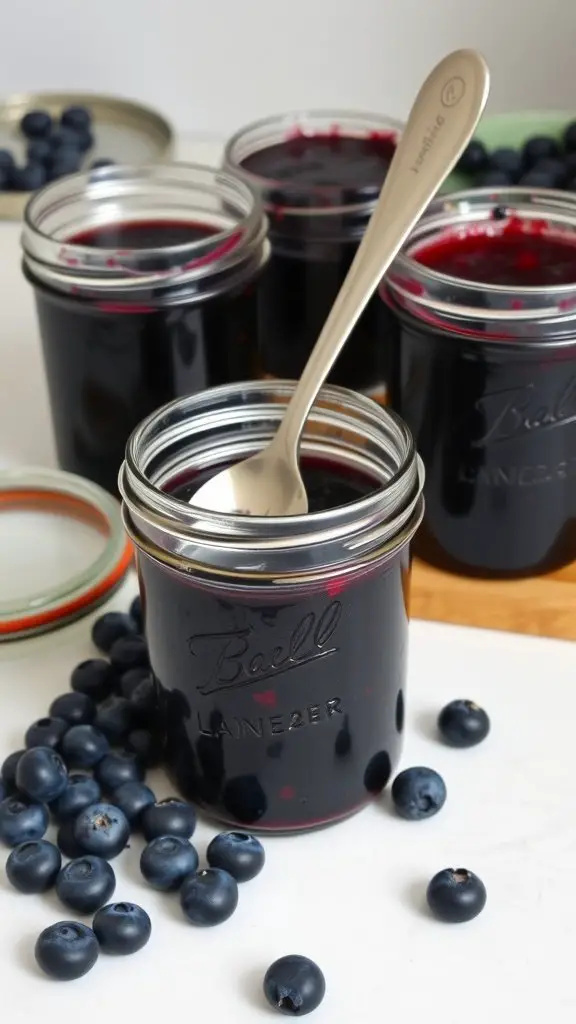 Jars of spiced blueberry jam with fresh blueberries beside them and a spoon in one jar.