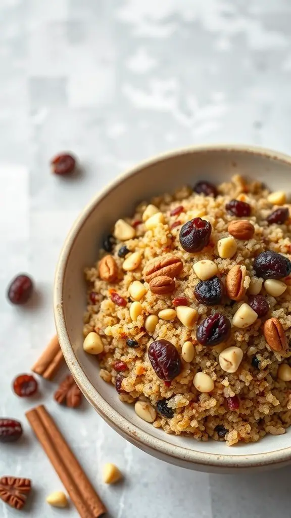 A bowl of spiced quinoa with nuts and raisins, garnished with cinnamon sticks.