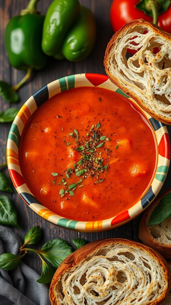 A bowl of spiced tomato and bell pepper soup with herbs, surrounded by green bell peppers, red tomatoes, and sliced bread.