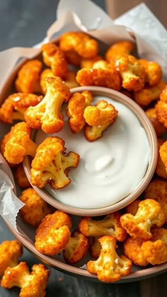 Bowl of crispy spicy air fryer cauliflower bites with a creamy dipping sauce