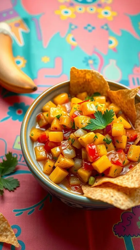 Bowl of spicy banana salsa with tortilla chips on a colorful tablecloth