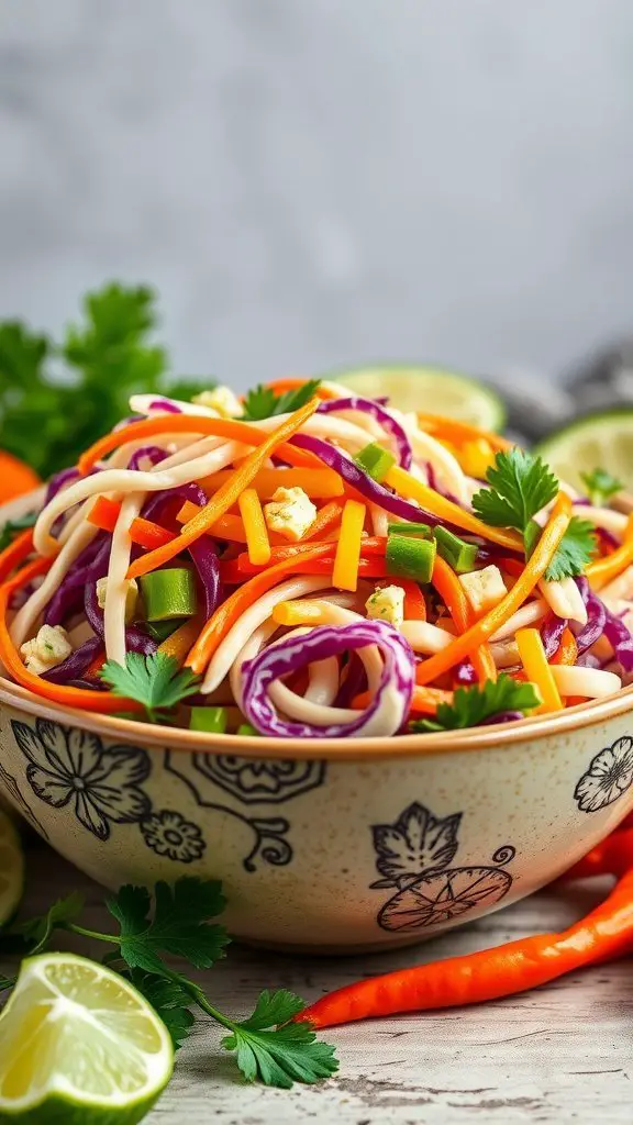 A colorful bowl of spicy cabbage slaw with lime dressing, featuring vibrant vegetables and garnished with cilantro.