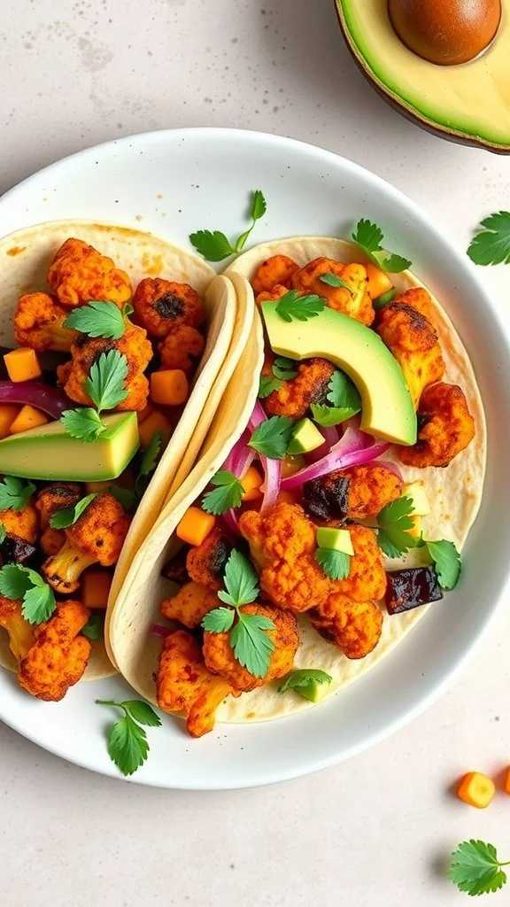 Two spicy cauliflower tacos topped with avocado and cilantro on a white plate, with an avocado in the background.