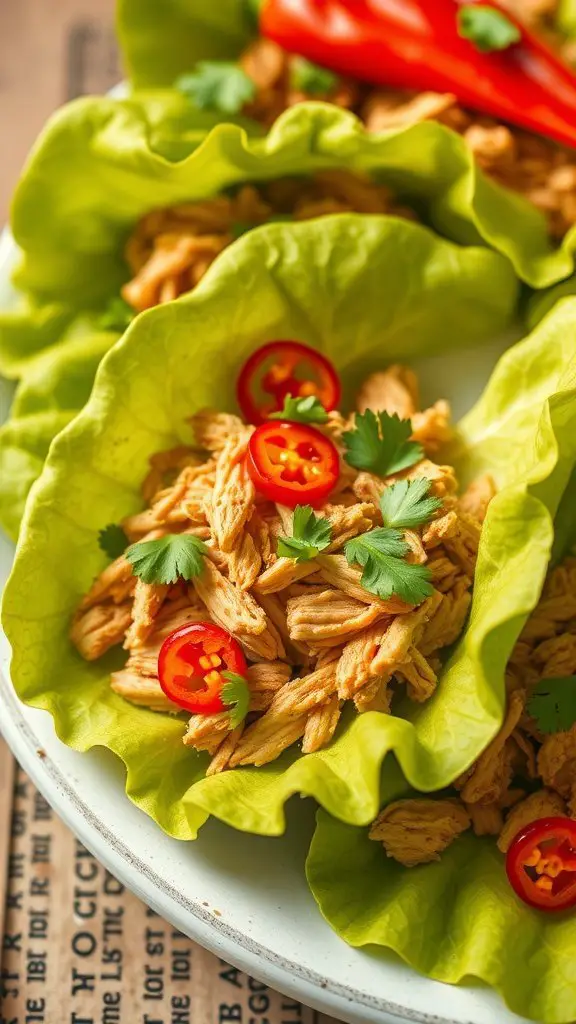 Healthy spicy chicken lettuce wraps with shredded chicken, red chili slices, and fresh cilantro in lettuce leaves.