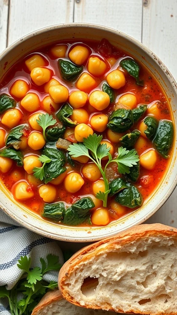 A bowl of spicy chickpea and spinach stew with a side of bread and fresh herbs