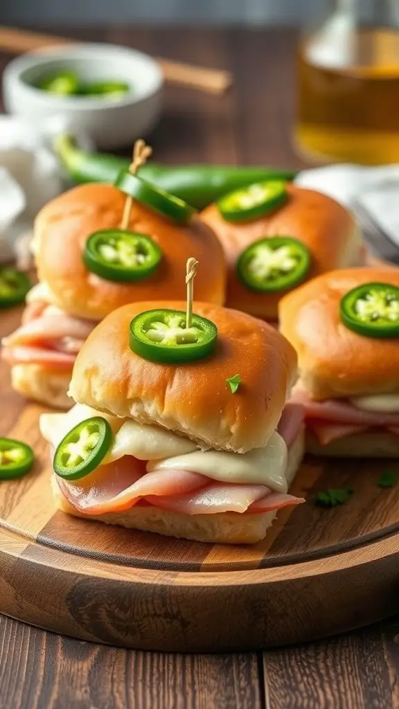 Delicious spicy jalapeño ham sliders on a wooden board, garnished with fresh jalapeño slices
